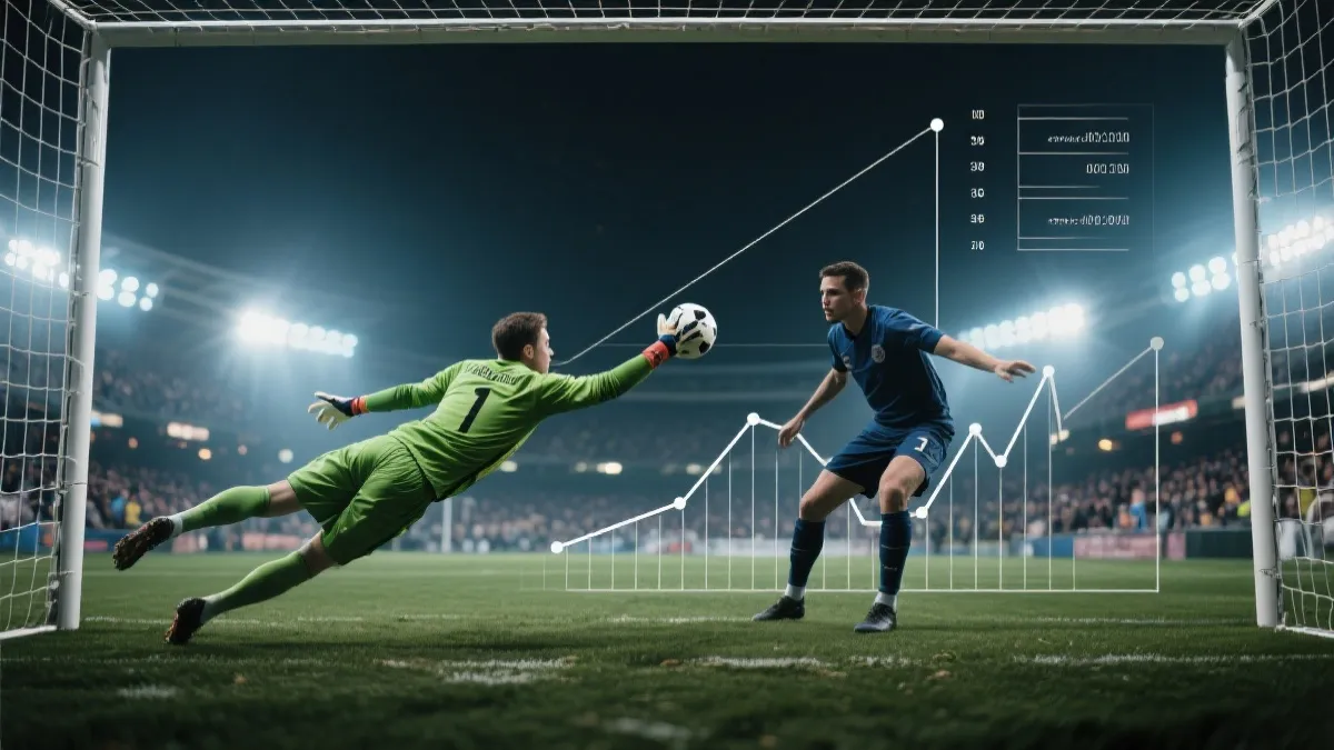 门将扑救与后卫封堵形成的零封关键瞬间，数据可视化氛围